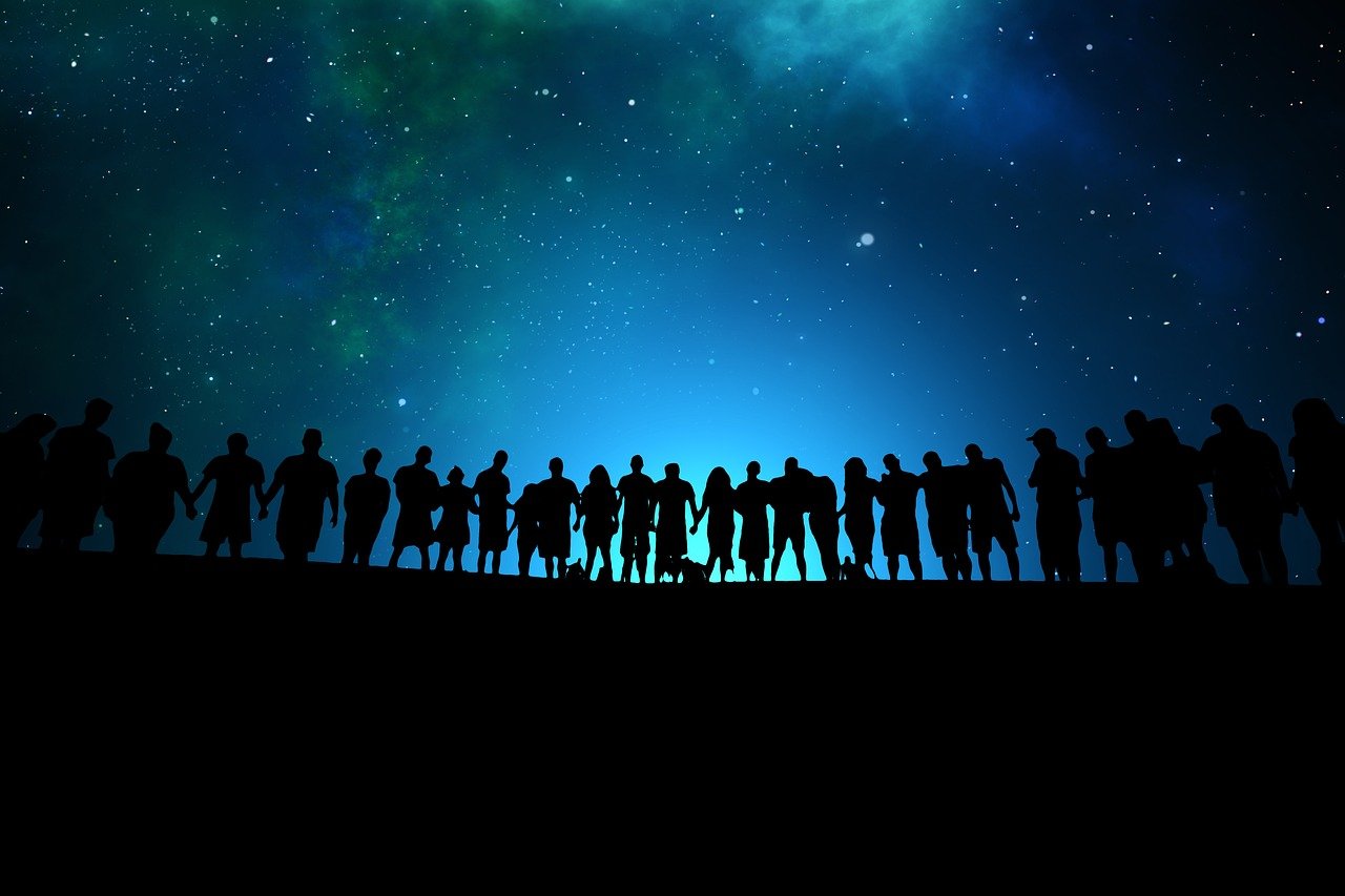 universe, galaxy, constellation, stars, celestial, cosmic, infinite, vastness, human chain, unity, awe, wonder, gaze, behold, worship, adore, intelligence, cognition, fascination, hubris